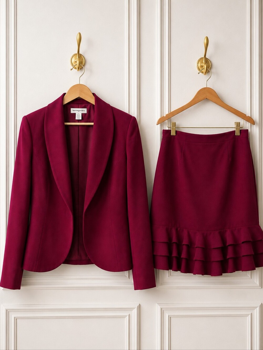 Bloomingdale's Size 14 Berry Skirt Suit | Shawl Collar Blazer & Ruffle Hem Skirt - Picture 7 of 10